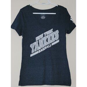 New York Yankees T Shirt Womens Size M Short Sleeve Baseball V Neck Navy